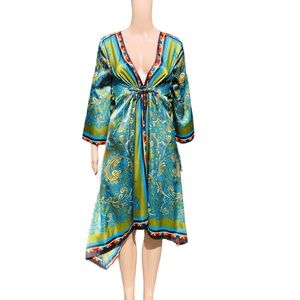 Louisa Villani silky green, blue, red, gold & black dress, plunging neckline